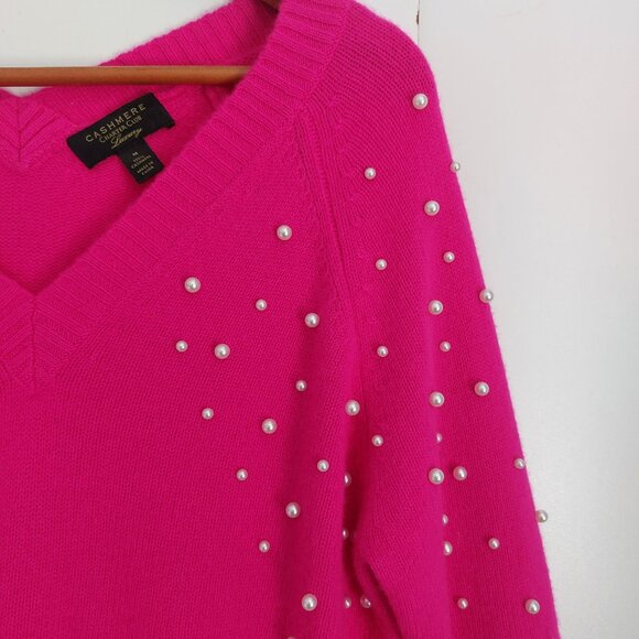 Charter Club Pink Cashmere Sweater Double V-Neck Pearl Embellished Feminine - Picture 6 of 10